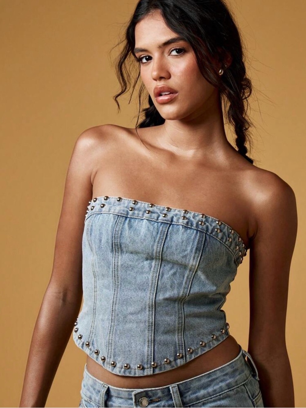 MISSGUIDED Studded Denim Strapless Corset Top - Light Blue